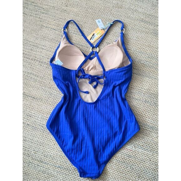Women S Wide Ribbed Ring Medium Coverage One Piece Swimsuit - Kona Sol Blue Larg - Picture 3 of 3